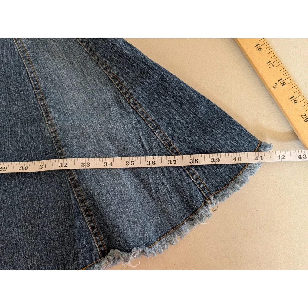 Goddess Jeans Size 18 Denim Midi Skirt Blue Frayed Hem Y2K Paneled Mermaid VTG - Picture 8 of 13